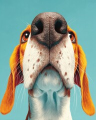 Cartoon illustration showcasing a beagle dog sniffing inquisitively, its adorable nose and expressive eyes creating a charming and humorous animal portrait close up.