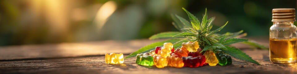 Aromatic hemp-derived oil sits beside colorful CBD gummies and cannabis leaves on a rustic wooden table, illuminated by soft, natural sunlight outdoors.