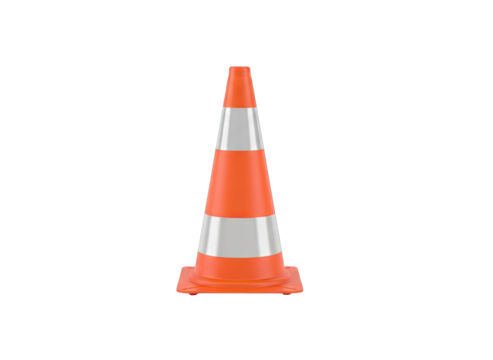 Orange and white traffic cone with reflective stripes isolated on a transparent background warning of construction or hazard ahead