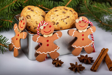 Christmas gingerbread man cookies and christmas tree