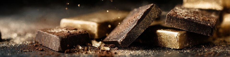 An assortment of cannabis-infused chocolate bar pieces are artistically arranged, showcasing their rich colors and textures on a dark, elegant backdrop.