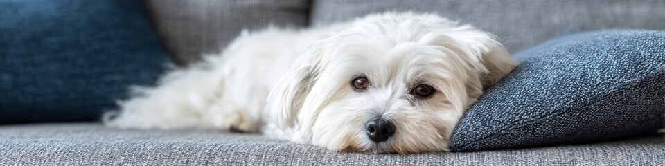 A fluffy Maltese puppy rests its head on a decorative pillow on a modern sofa, enjoying a moment of quiet relaxation in the cozy living room setting.