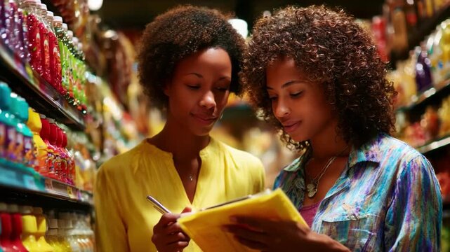 Two friends enjoy shopping together as they check off items from their grocery list, surrounded by colorful shelves filled with a variety of products in a vibrant store.