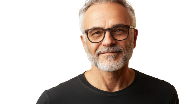 Elderly man with glasses shows warm smile against plain background in casual attire. - Powered by Adobe