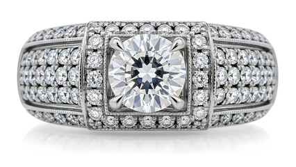 Close up of a diamond ring with a square halo setting and a wide band covered in small diamonds