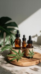 Three amber hemp-derived CBD oil bottles are beautifully displayed on a wooden surface with cannabis leaves, basking in the sunlight and casting shadows.