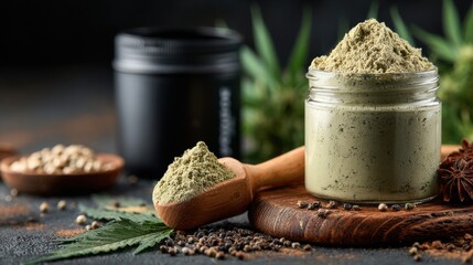 Hemp protein powder spills from a wooden scoop next to a glass jar and black container, highlighting the natural and eco-friendly supplement source.