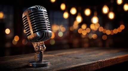 Classic microphone ready for a captivating performance on stage, bathed in the warm glow of bokeh lights, offering vintage vibes and inviting storytelling for podcasts or music events