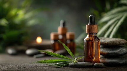 Amber essential oil bottles derived from hemp with glass droppers sit atop smooth stones against a backdrop of lush greenery and gentle candlelight creating zen atmosphere.