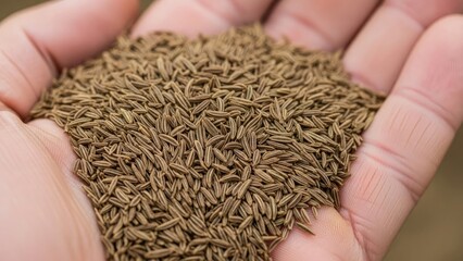 Hand holding aromatic brown cumin seeds for spice and health