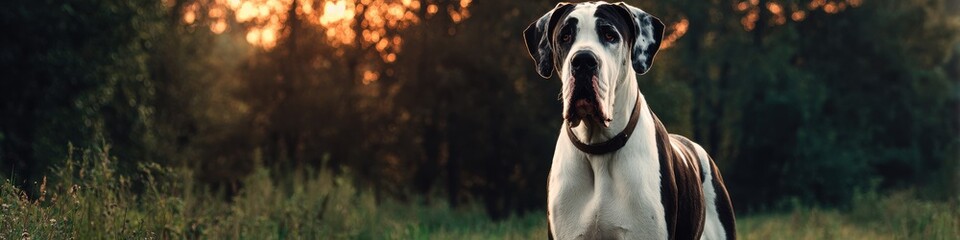 A majestic Great Dane, a giant breed with a noble stance, gazes proudly forward in a tranquil outdoor setting at sunset, a picture of strength and grace.