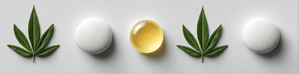 A minimalist arrangement of hemp leaf, capsule, and oil, showcasing a natural approach to wellness and the essence of hemp-derived supplements for healthy living.