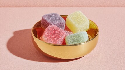 Luxury CBD gummies of various colors are beautifully arranged within a sophisticated gold-rimmed bowl on a soft pink surface, showcasing a delectable edible treat.