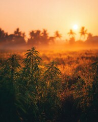 Misty sunrise illuminates the outdoor cannabis field, with early morning light filte through the plants in a peaceful agricultural landscape setting beautifully.