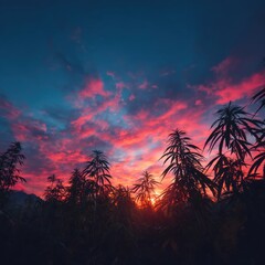 Silhouette of cannabis plants in an outdoor field against a vibrant sunset sky, showcasing the beauty of nature at dusk on a cannabis farm landscape.