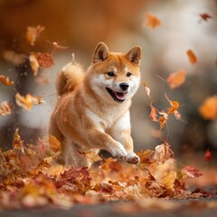 A playful fox-like Shiba Inu dog joyfully runs and leaps through a vibrant pile of fallen autumn leaves on a beautiful day full of colorful foliage.