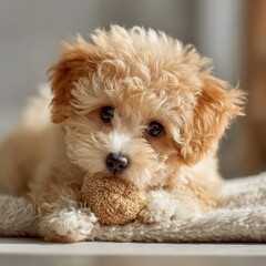 Playful poodle puppy with curly fur adorably chews on a brown toy, lying on a soft blanket while looking directly at the camera with its sweet innocent eyes.