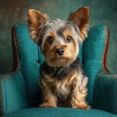 A tiny Yorkshire terrier with silky fur sits regally on a plush turquoise armchair, its attentive gaze and perky ears creating an endea portrait of canine charm.