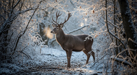 Majestic Deer Standing in Winter Thicket with Frosty Background for Nature Blogs, Wildlife Awareness, Outdoor Education, Environmental Content, and Seasonal Photography