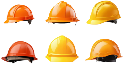 Variety of hard hats in bright colors for construction and safety work.