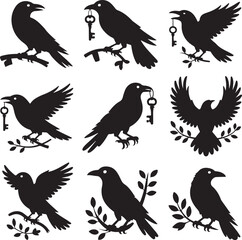 Raven and Key Silhouettes Collection Vector Illustration Set Black and White