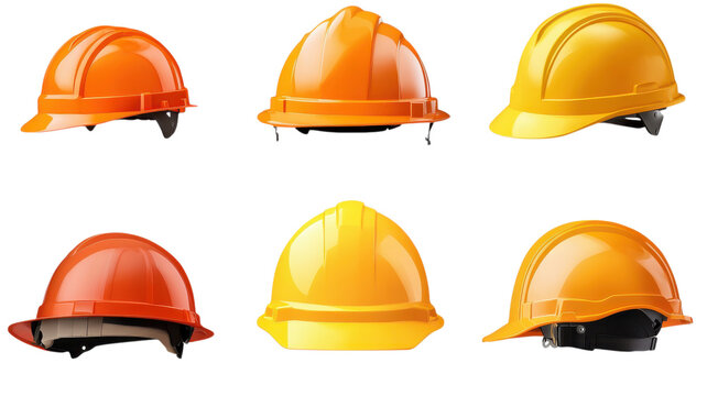 Realistic construction hard hat icons set of 6 PNG, orange and yellow safety helmets. PPE head protection clipart for industry
