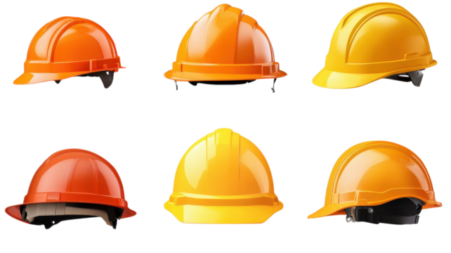 Variety of hard hats in bright colors for construction and safety work.