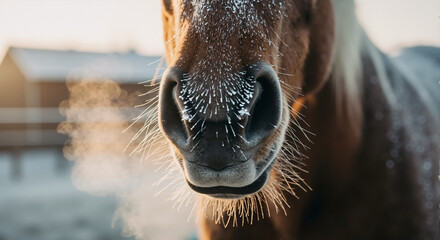 Horse Exhaling Warm Breath in Frosty Winter Landscape for Animal Blogs, Farming Websites, Nature Education, Seasonal Awareness, and Wildlife Conservation