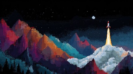 Bold pixel art of a rocket launching into a starry night sky, a vibrant and inspiring scene of innovation and exploration with colorful mountains and a sense of adventure