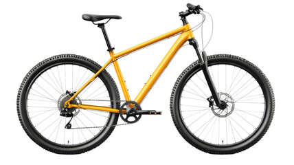 Mountain bike with orange frame and black tires parked on a white background.