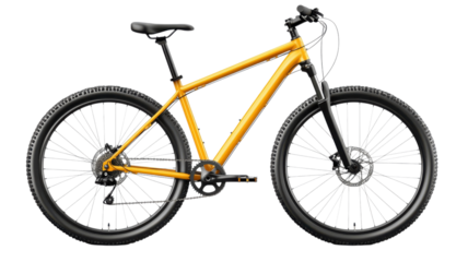 Mountain bike with orange frame and black tires parked on a white background.