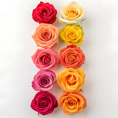 Obraz premium Colorful roses on white background, flat lay, variety Blooms of colorful roses, c arrangement of assorted colorful roses in row placed, synthesis of Rose Varieties.