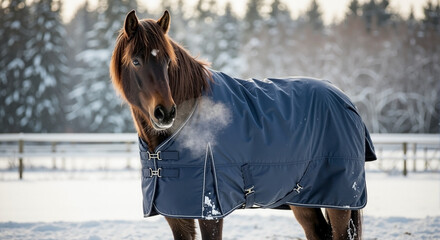 Horse in Winter Blanket Standing in Snowy Landscape for Animal Care Blogs, Equestrian Websites, Winter Agriculture Articles, and Pet Welfare Awareness