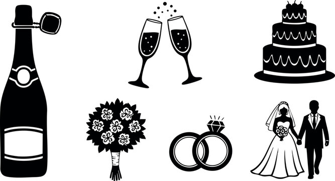 Wedding celebration icons champagne cake bouquet rings bride groom design vector illustration