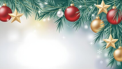 Festive Christmas background with green pine branches, red and gold ornaments, and sparkling stars.