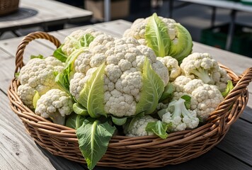 Fresh cauliflower heads in a wicker basket on a wooden table, ready for cooking