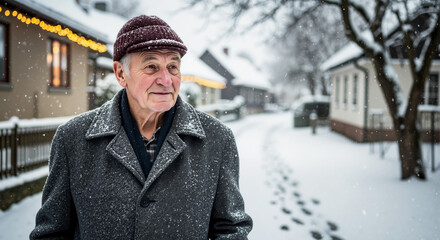 Elderly Man Wearing a Winter Coat Walking on Snowy Pathway in a Charming Village for Lifestyle Blogs, Seasonal Content, and Community Awareness