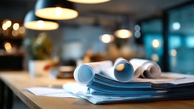 Architect workspace with blueprints and materials no people visible design studio architectural plans work surface professional environment planning materials drafting desk
