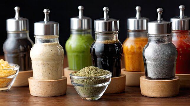 Assortment of Spice Jars and Condiments Arranged on Wooden Table for Culinary Creativity and Dishes Preparation