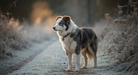 Sheepdog Standing Proudly on Frosty Trail with a Glowing Background for Pet Blogs, Nature Websites, Outdoor Activities, and Animal Enthusiasts