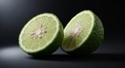 Two halves of a green bergamot fruit with a white center on a dark background and soft lighting