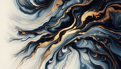 Elegant marble ink swirl wallpaper with flowing blue, black, and gold metallic veins. Smooth liquid texture