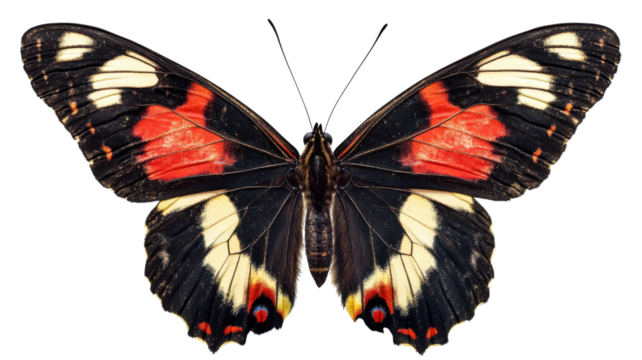 Brightly colored butterfly showcases vivid patterns while resting on a surface in a natural environment under sunlight.