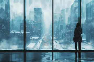 Obraz premium A business women dressed in formal clothes in front of a floor-to-ceiling window in an office architecture cityscape building.