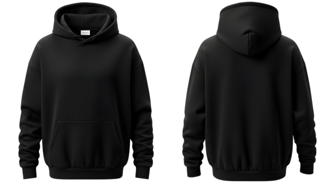 Front and back view of a plain black hooded sweatshirt, perfect for mockup designs