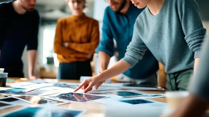 Overhead view of team meeting with design materials faces not shown collaborative planning design brainstorm team workspace project materials group meeting table spread