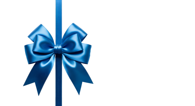 Elegant blue satin ribbon bow with a knot, isolated on a white background, perfect for gift wrapping and decoration