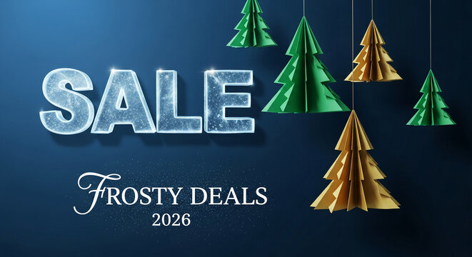 Image with textual "SALE" icy letters and folded paper trees. Represents a winter sale, festive deals, discounts, promotion for retail season - Powered by Adobe