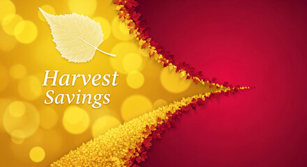 Background with floating autumn leaf, message and stream of foliage. Symbolizes autumnal harvest, promotional savings, and seasonal festive occasion.