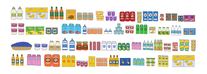 Cartoon grocery products on supermarket shelves, flat illustration, png
